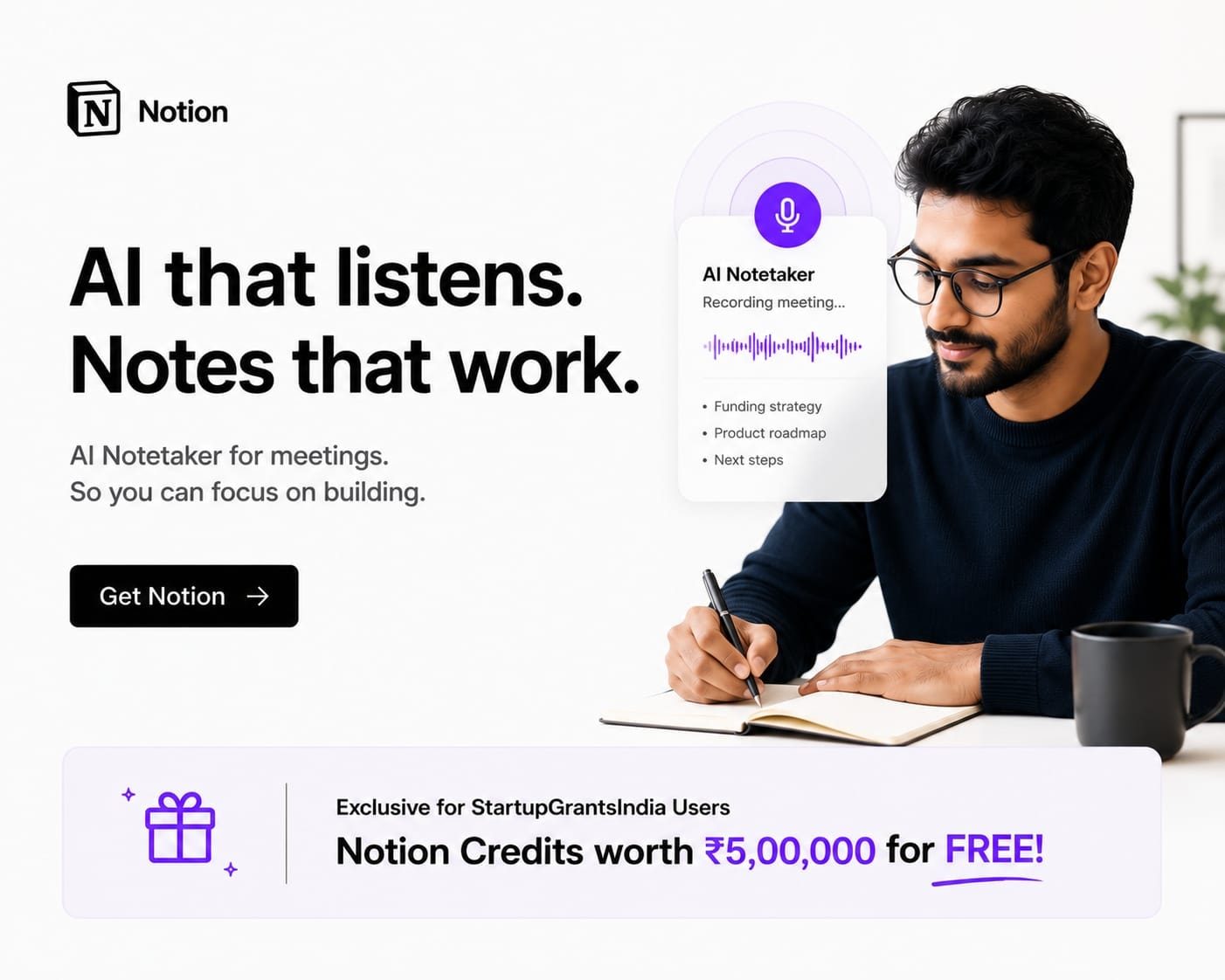 Notion AI Notetaker — AI that listens, notes that work, so you can focus on building.