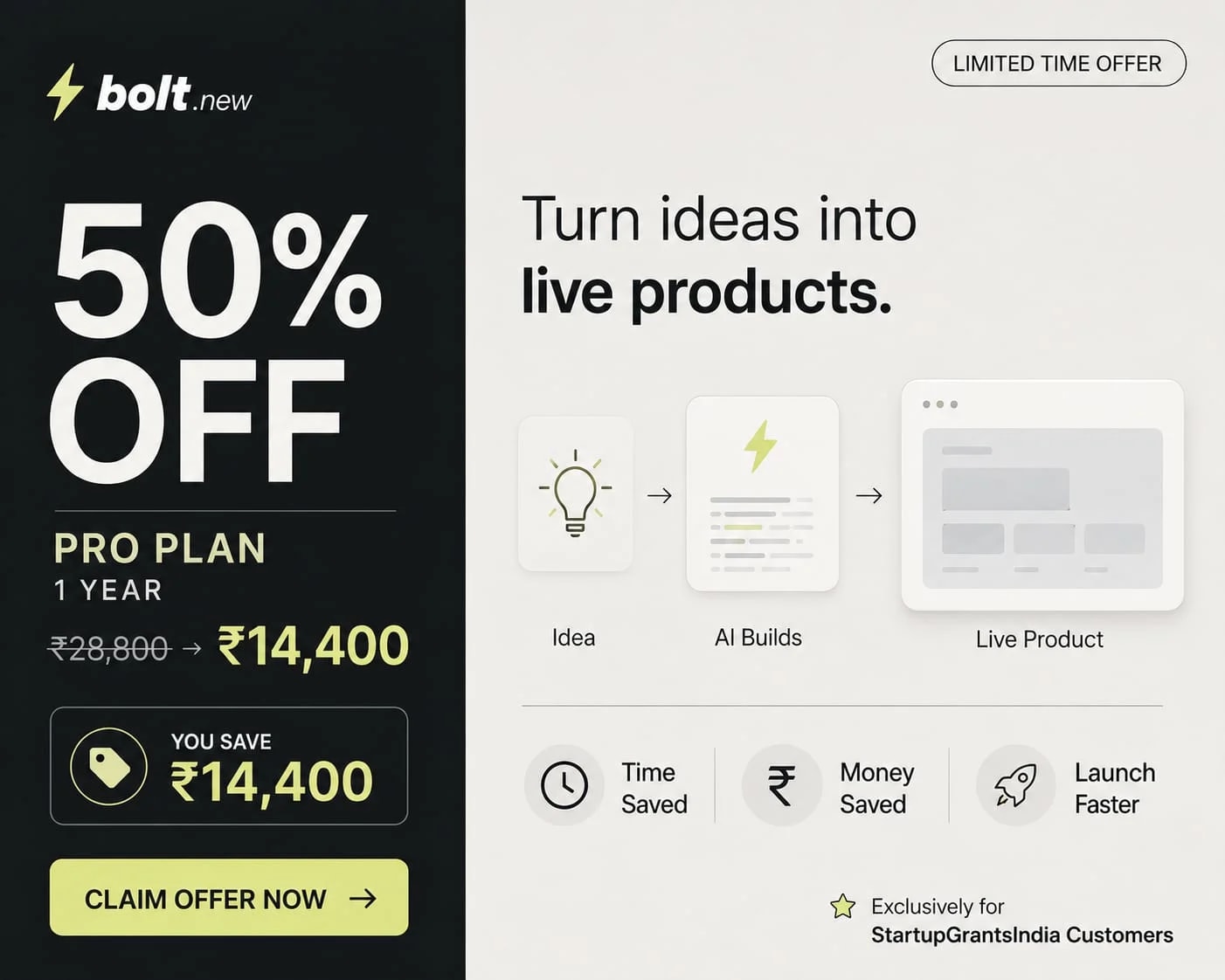 Bolt Pro — 50% off (₹28,800 → ₹14,400). Exclusive founder deal.