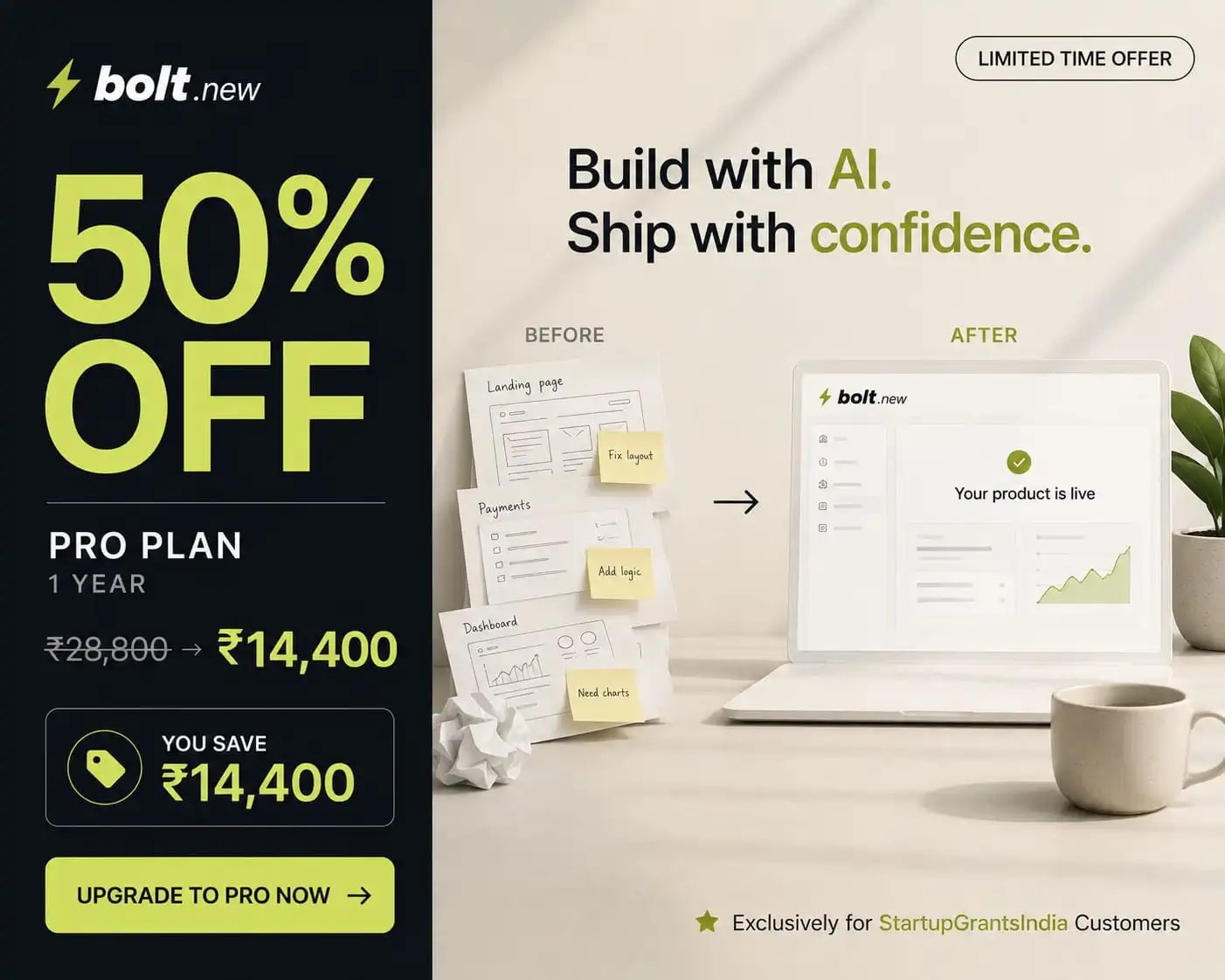 Bolt Pro — 50% off (₹28,800 → ₹14,400). Exclusive founder deal.