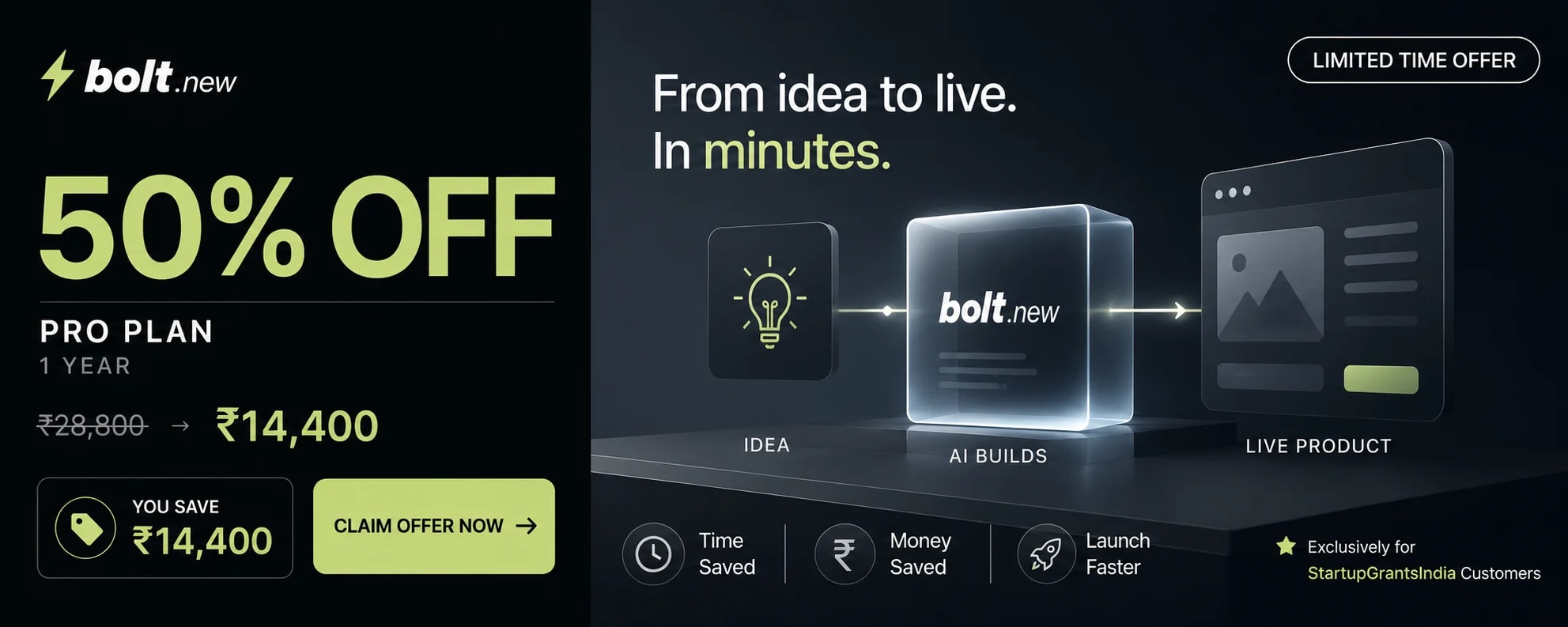 Bolt Pro — 50% off (₹28,800 → ₹14,400). Exclusive founder deal.