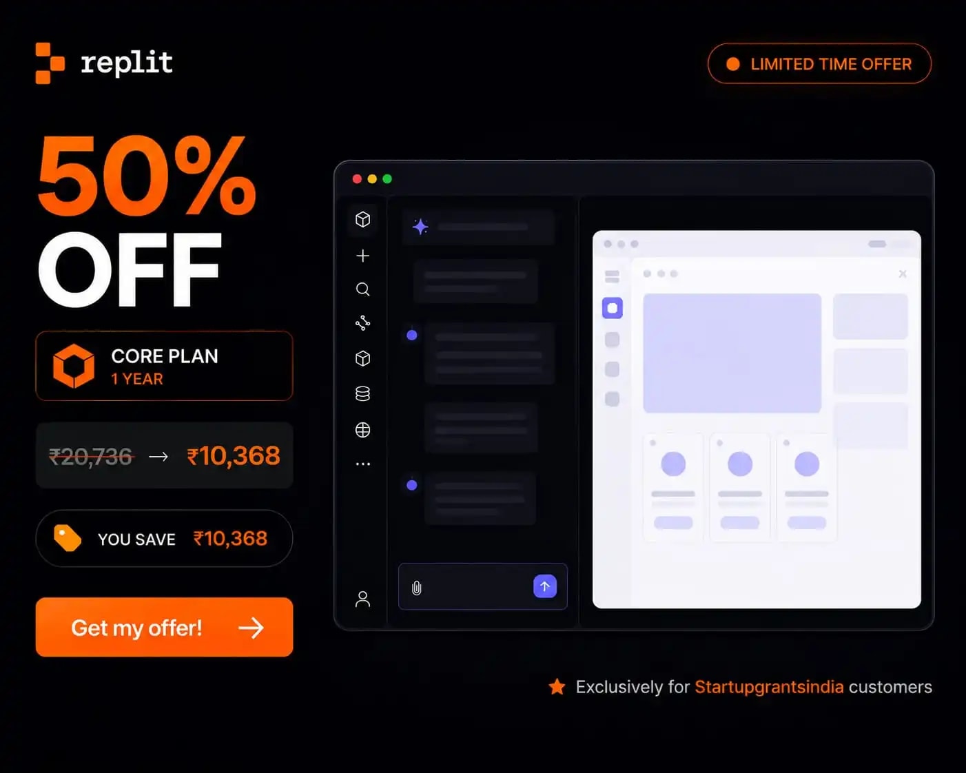 Replit Core — 50% off (₹20,736 → ₹10,368). Exclusive founder deal.