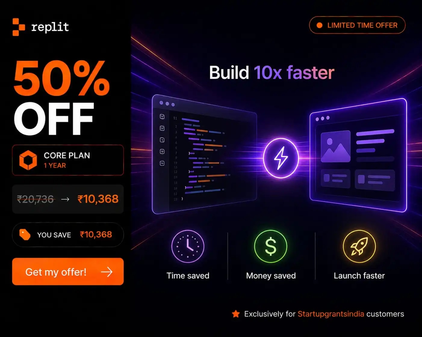 Replit Core — 50% off (₹20,736 → ₹10,368). Exclusive founder deal.