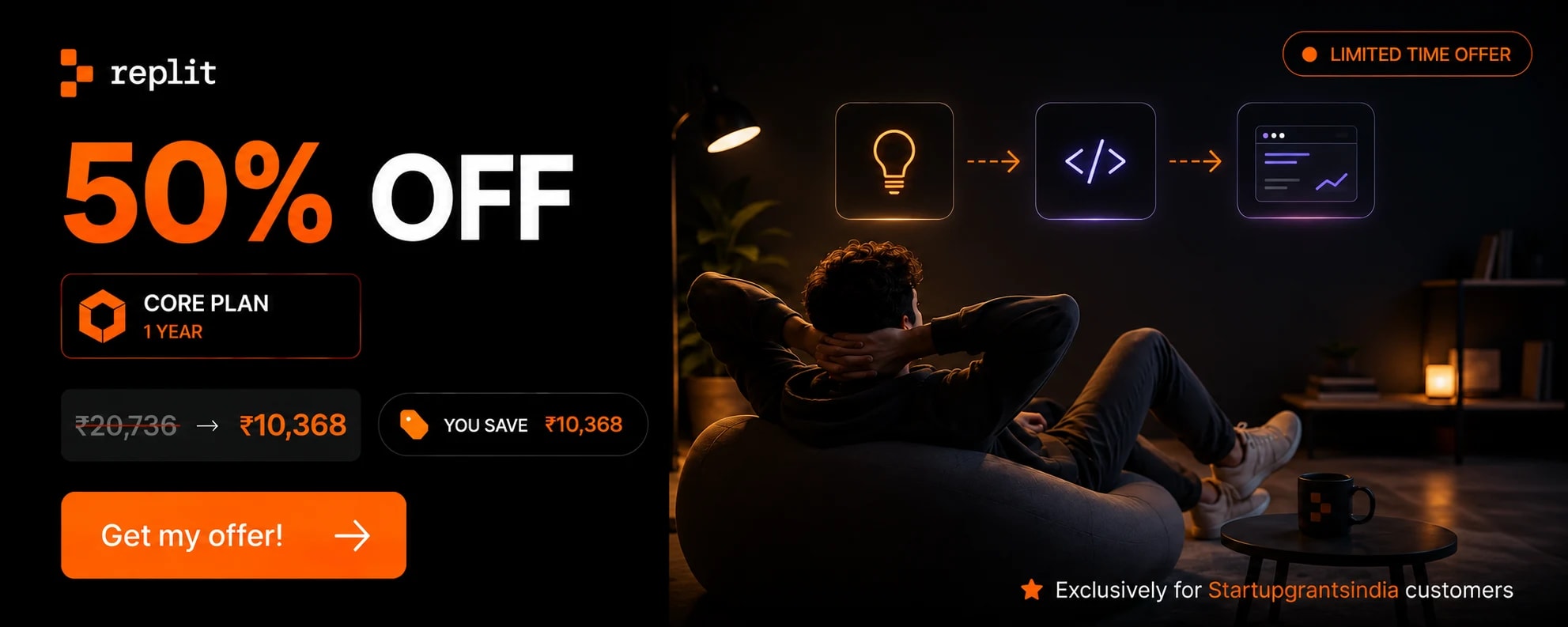 Replit Core — 50% off (₹20,736 → ₹10,368). Exclusive founder deal.